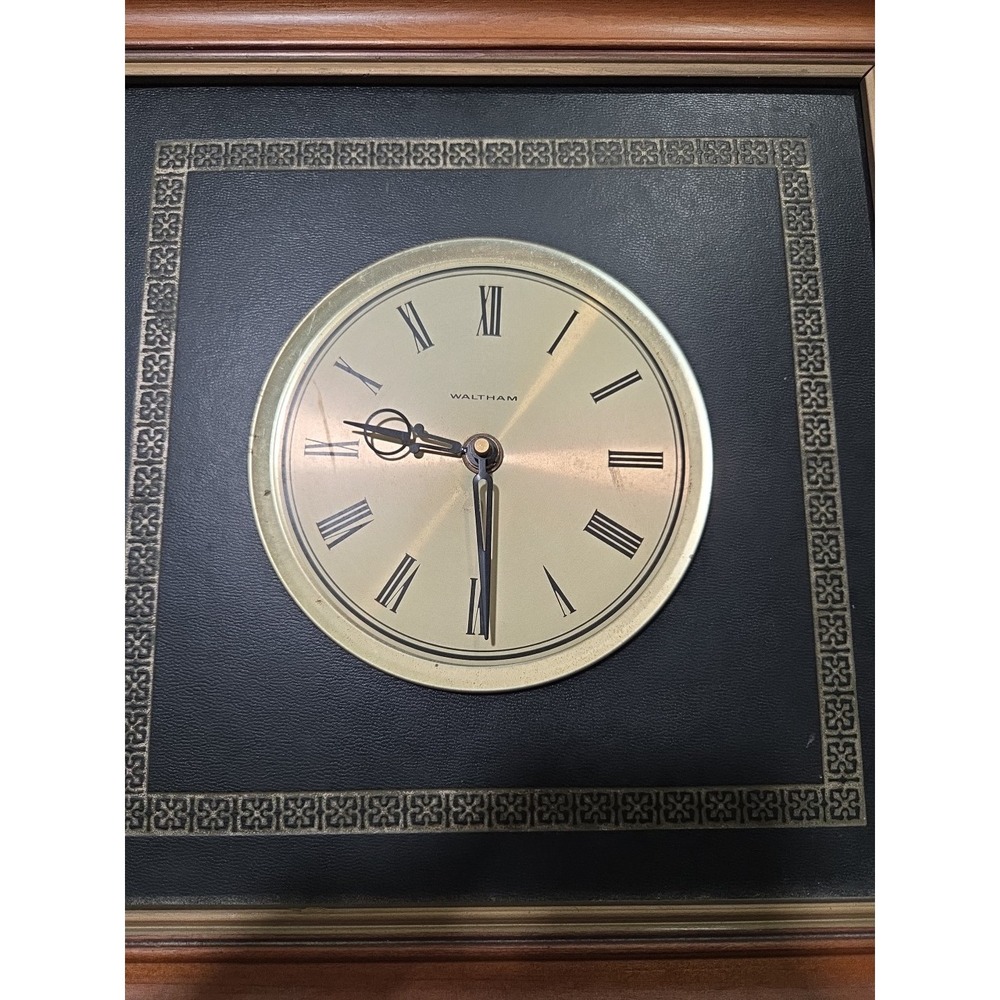 Vintage‎ MCM Gold / Black Waltham Wall Hanging Clock Square Wood Frame - Picture 2 of 6